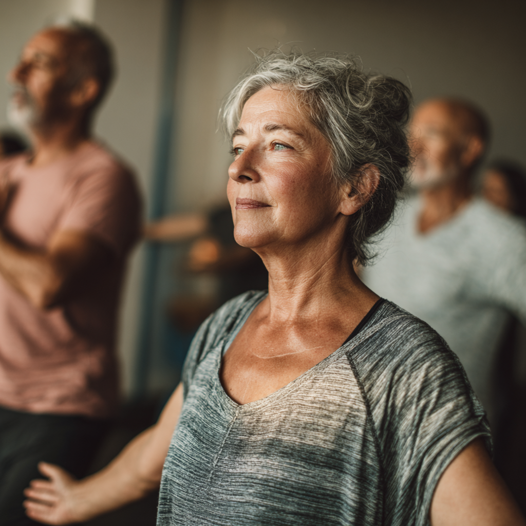 Middle-aged adults engaging in mindful movement and body stability exercises