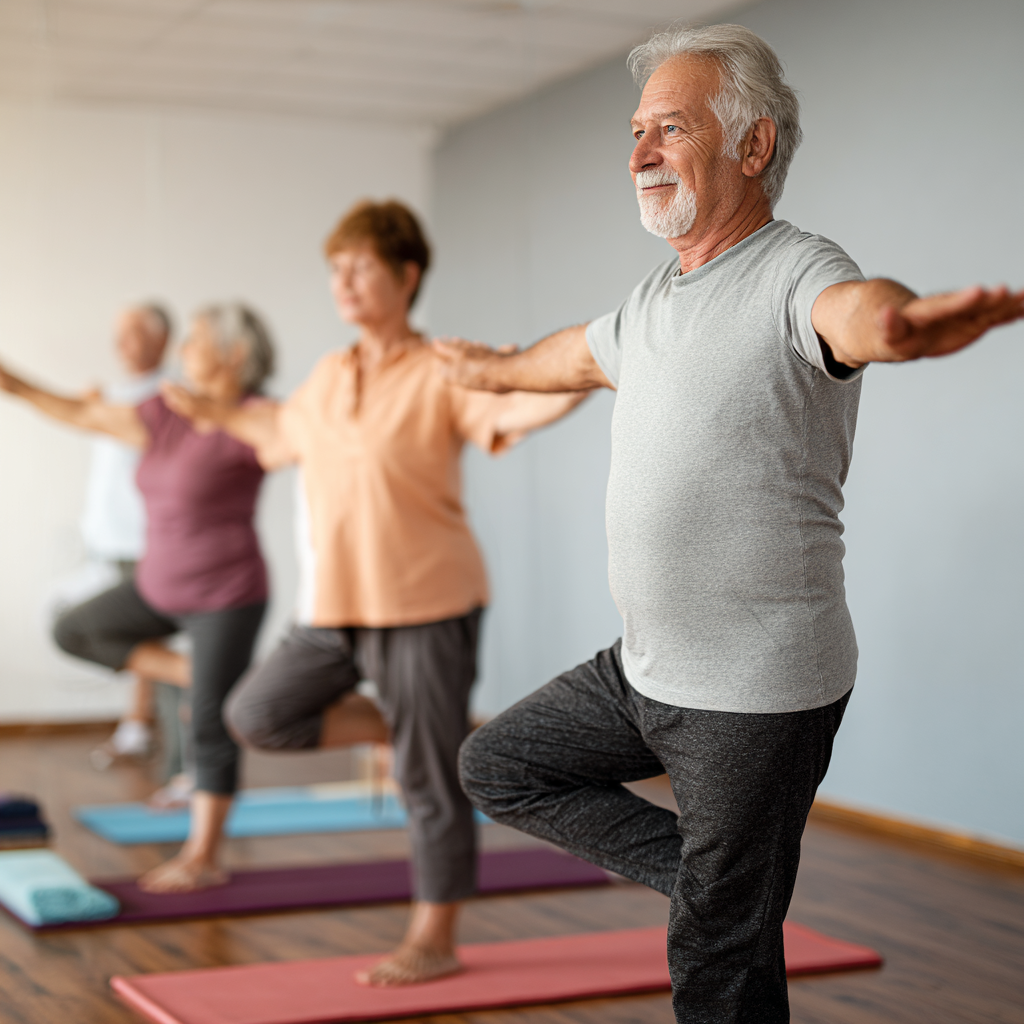 Older adults practicing stability and balance exercises in calm environment